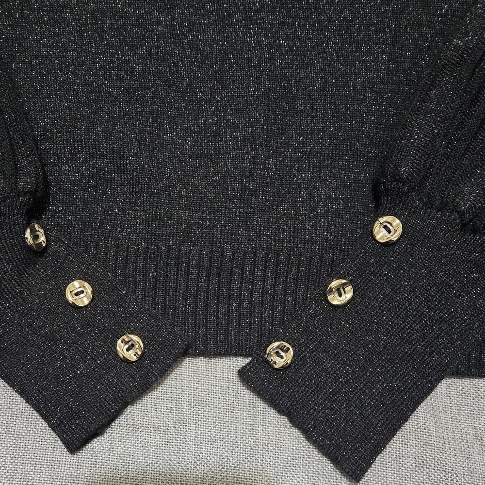 Nanette Lepore Black and Silver Sparkle Knit Sweater Ribbed Sleeves Size Large - Picture 11 of 14